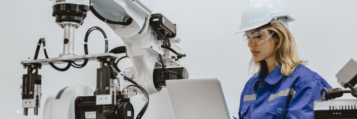 Photo d'une femme qui manipule un robot en industrie