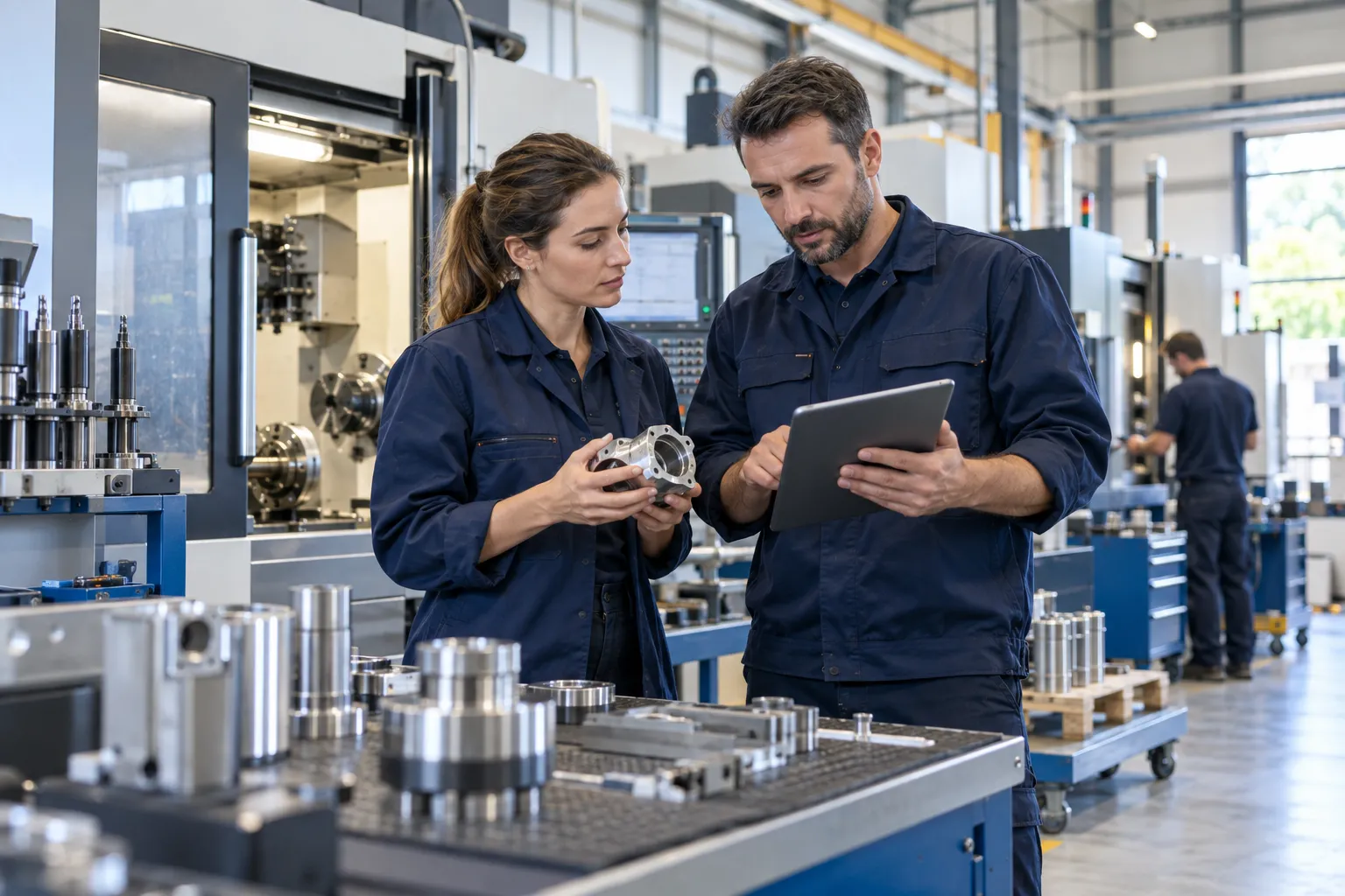 Deux professionnels examinent une pièce de précision dans un atelier industriel modernisé.