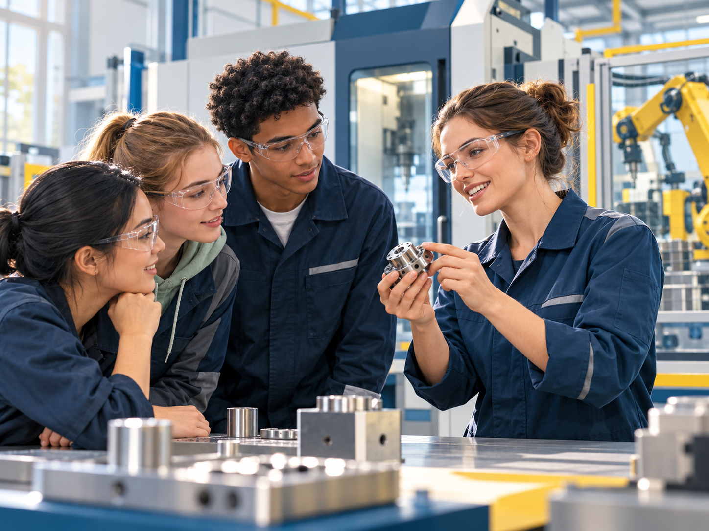 Illustration de jeunes découvrant les métiers industriels dans un atelier.